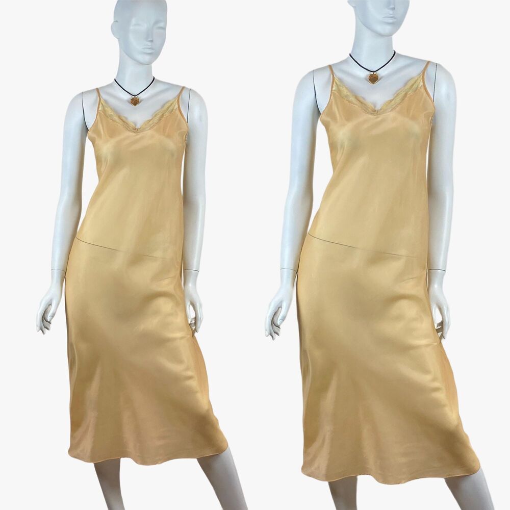 VTG Y2K Slip Dress Lace Trim Midi 90s Sheer Bias Cut Romantic Coquette Feminine